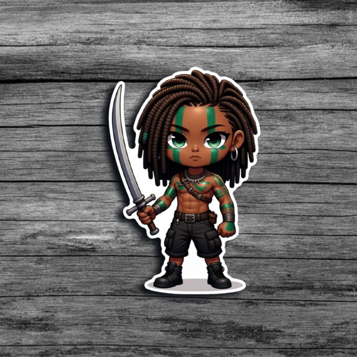 A sticker of a brown skinned boy with locs, green tribal face and body paint, wearing dark cargo shorts and boots, holding a sword