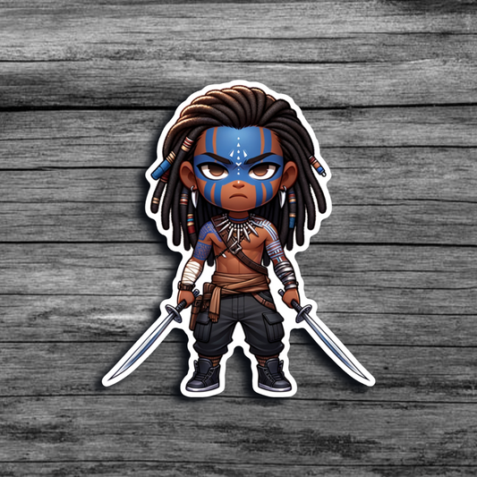 A sticker of a brown skinned boy with locs, blue tribal face and body paint, wearing dark cargo shorts and sneakers, holding two swords