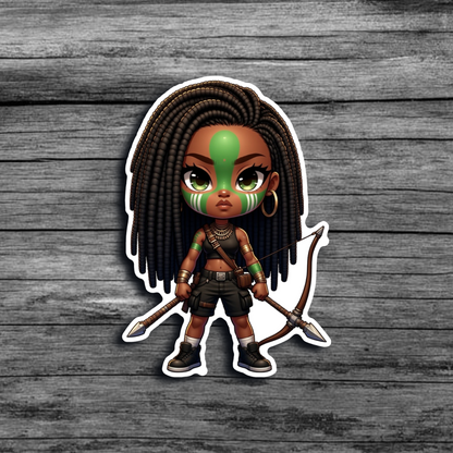 A sticker of a brown skinned girl with locs, green tribal face and body paint, wearing dark cargo shorts, and sneakers, holding a bow and arrow