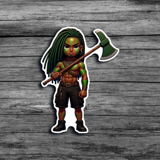 A sticker of a brown skinned man with green locs, green tribal face and body paint, wearing dark cargo shorts and boots, holding an axe