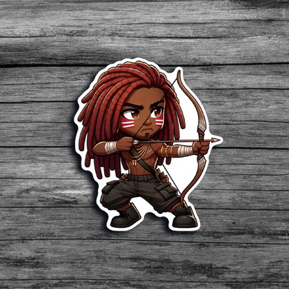 A sticker of a brown skinned man with red locs, red and white face paint, wearing dark cargo shorts and boots, drawing a bow and arrow