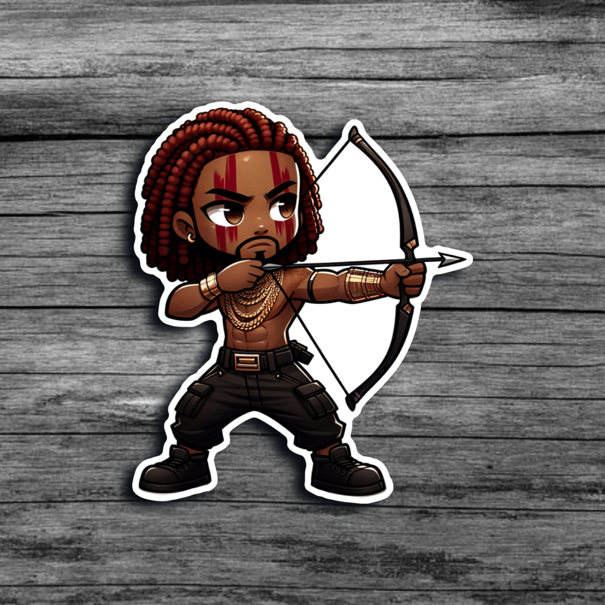 A sticker of a brown skinned man with red locs, red face paint, wearing dark cargo shorts, gold jewelry, and boots, drawing a bow and arrow