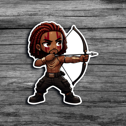 A sticker of a brown skinned man with red locs, red face paint, wearing dark cargo shorts, gold jewelry, and boots, drawing a bow and arrow