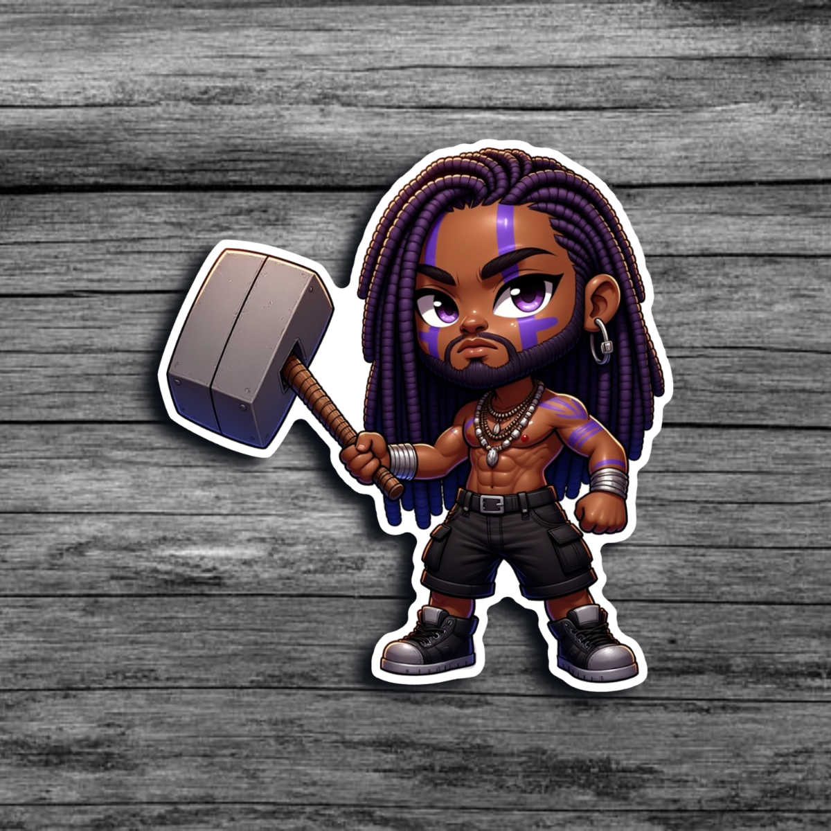 A sticker of a brown skinned man with purple locs, purple tribal face and body paint, wearing dark cargo shorts, and boots, holding a mallet