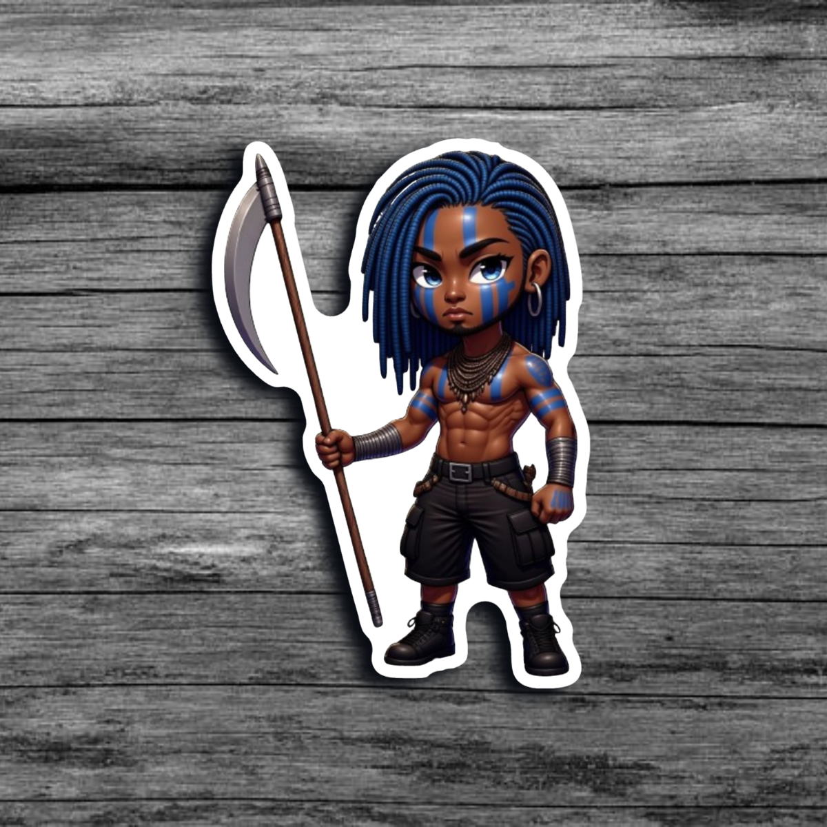 A sticker of a brown skinned man with blue locs, blue tribal face and body paint, wearing dark cargo shorts, and boots, holding a scythe