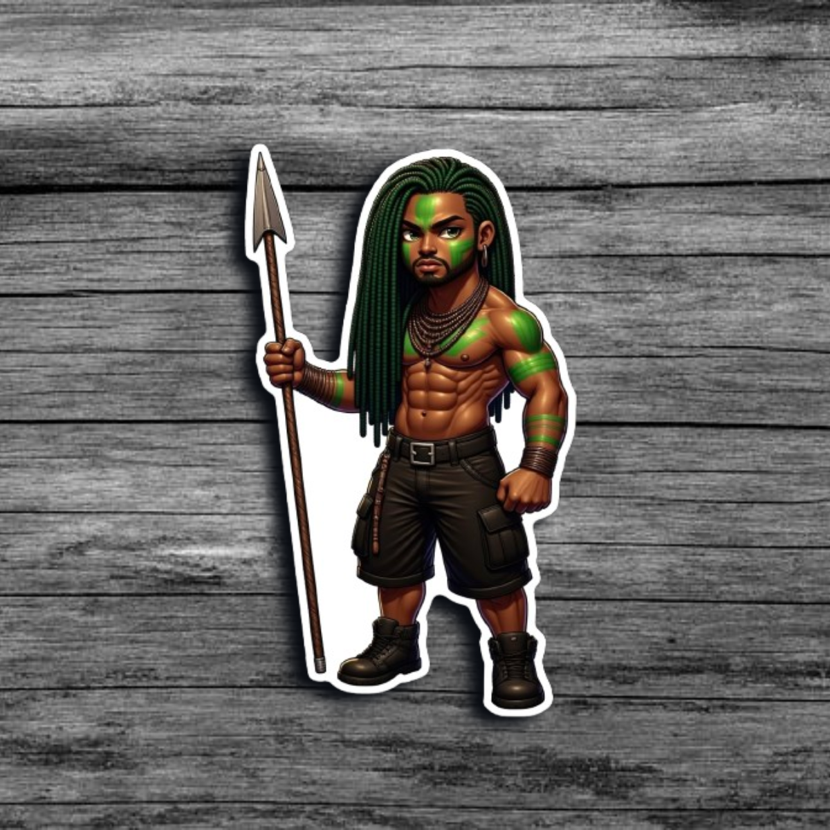 A sticker of a brown skinned man with green locs, green tribal face and body paint, wearing dark cargo shorts, and boots, holding a spear