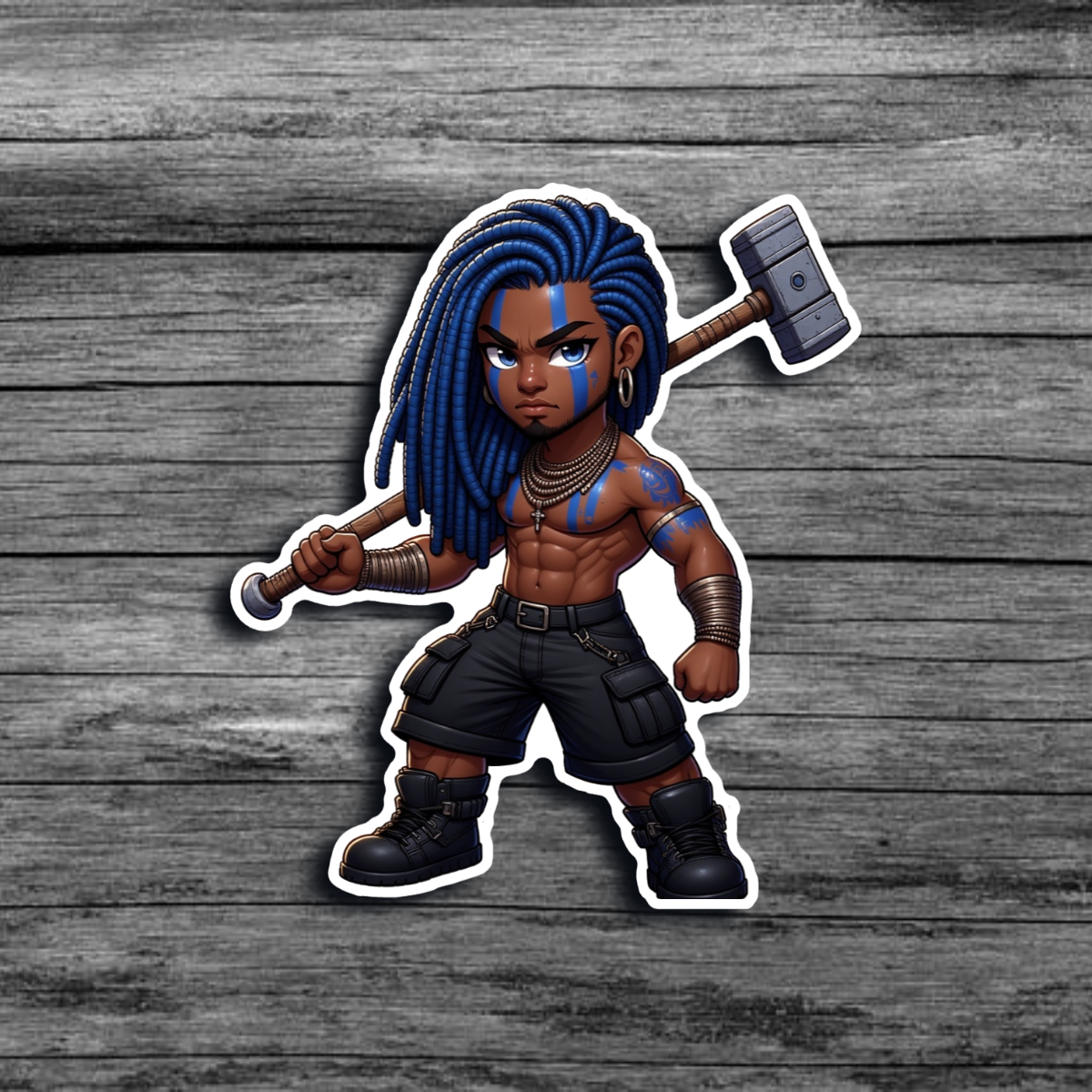 A sticker of a brown skinned man with blue locs, blue tribal face and body paint, wearing dark cargo shorts, and boots, holding a warhammer