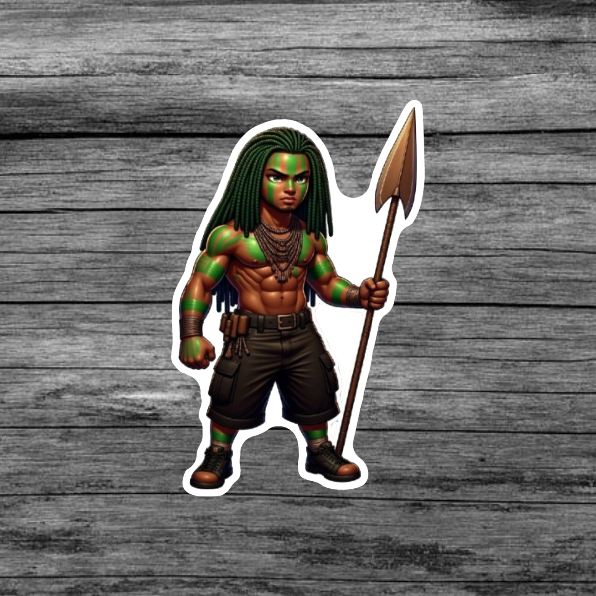 A sticker of a brown skinned man with green locs, green tribal face and body paint, wearing dark cargo shorts, and boots, holding a wooden spear