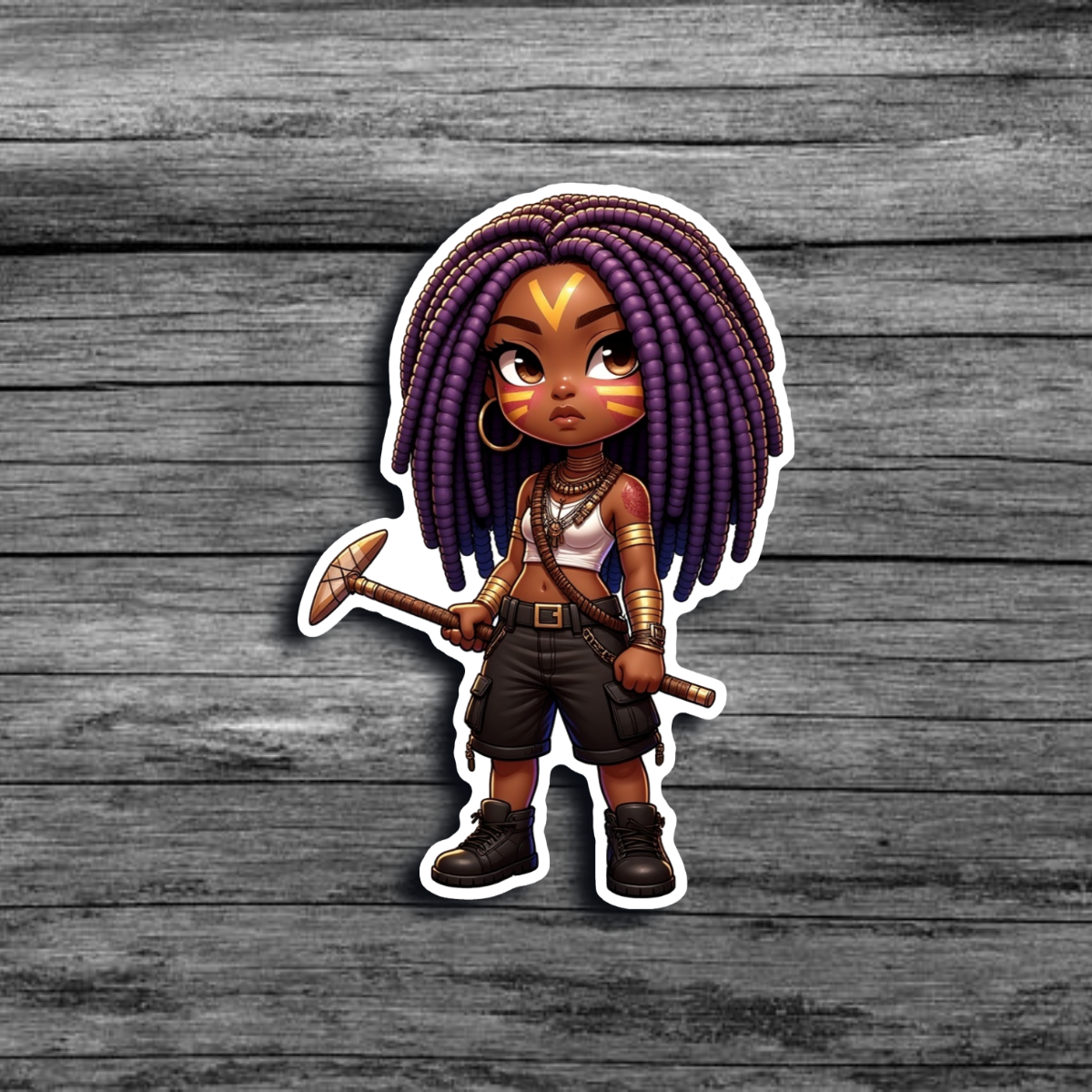 A sticker of a brown skinned woman with purple locs,  yellow face paint, wearing dark cargo shorts, and boots, holding a stone club-like weapon 