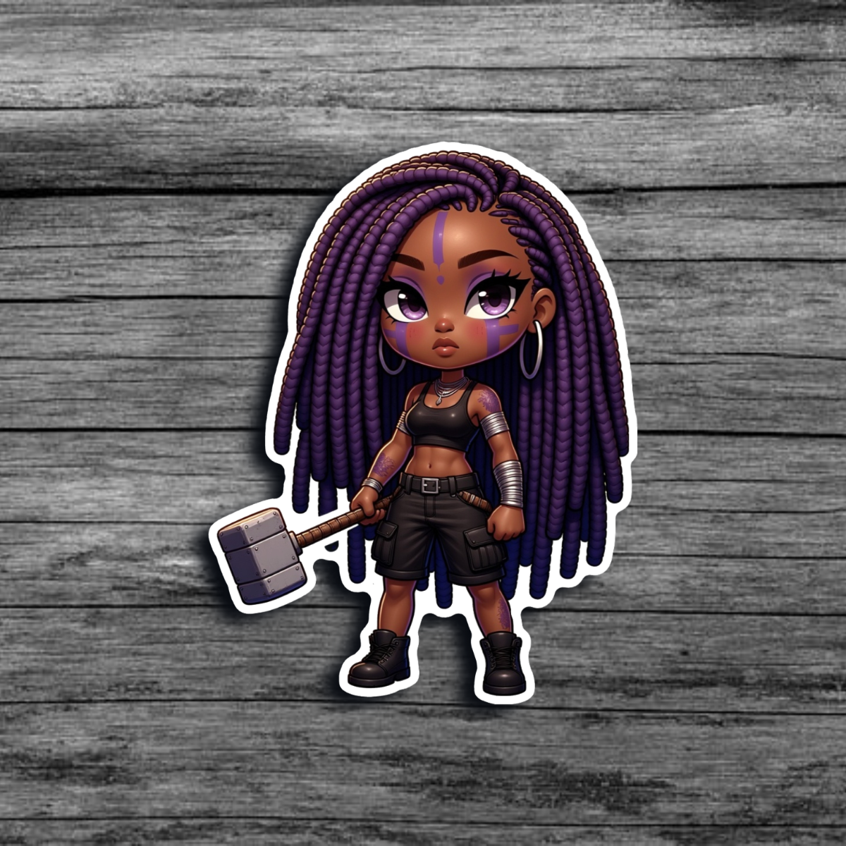 A sticker of a brown skinned woman with purple locs,  purple face and body paint, wearing dark cargo shorts, and boots, holding a stone mallet