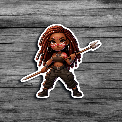 A sticker of a brown skinned woman with brown locs, red and white face and body paint, wearing dark cargo pants, and boots, holding a pike