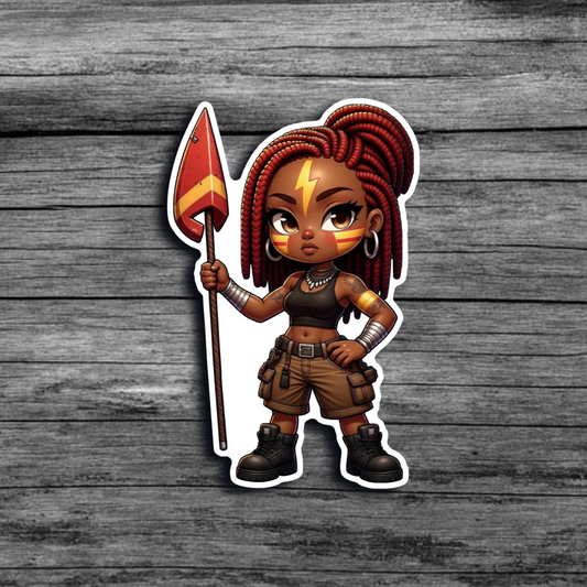 A sticker of a brown skinned woman with red locs, yellow face and body paint, wearing cargo shorts, and boots, holding a red spear