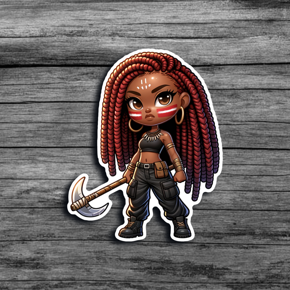 A sticker of a brown skinned woman with red locs, red and white face paint, wearing dark cargo pants, and boots, holding a sickle