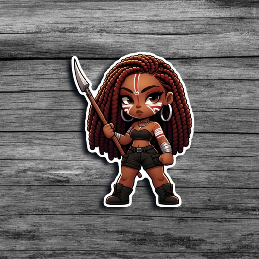 A sticker of a brown skinned woman with brown locs, red and white face and body paint, wearing dark cargo shorts, and boots, holding a spear