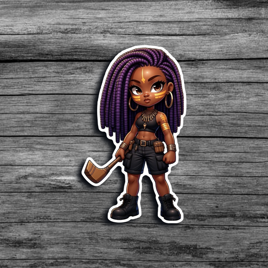 A sticker of a brown skinned woman with purple locs, yellow face and body paint, wearing dark cargo shorts, and boots, holding a twig