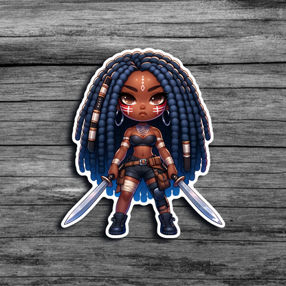 A sticker of a brown skinned woman with blue locs, red and white face paint, wearing dark cargo shorts, and boots, holding two swords