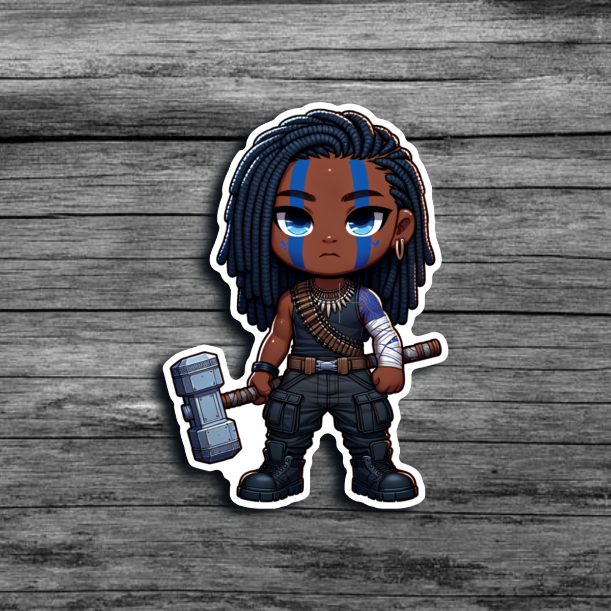 A sticker of a brown skinned woman with blue locs, blue face and body paint, wearing dark cargo shorts, and boots, holding a warhammer