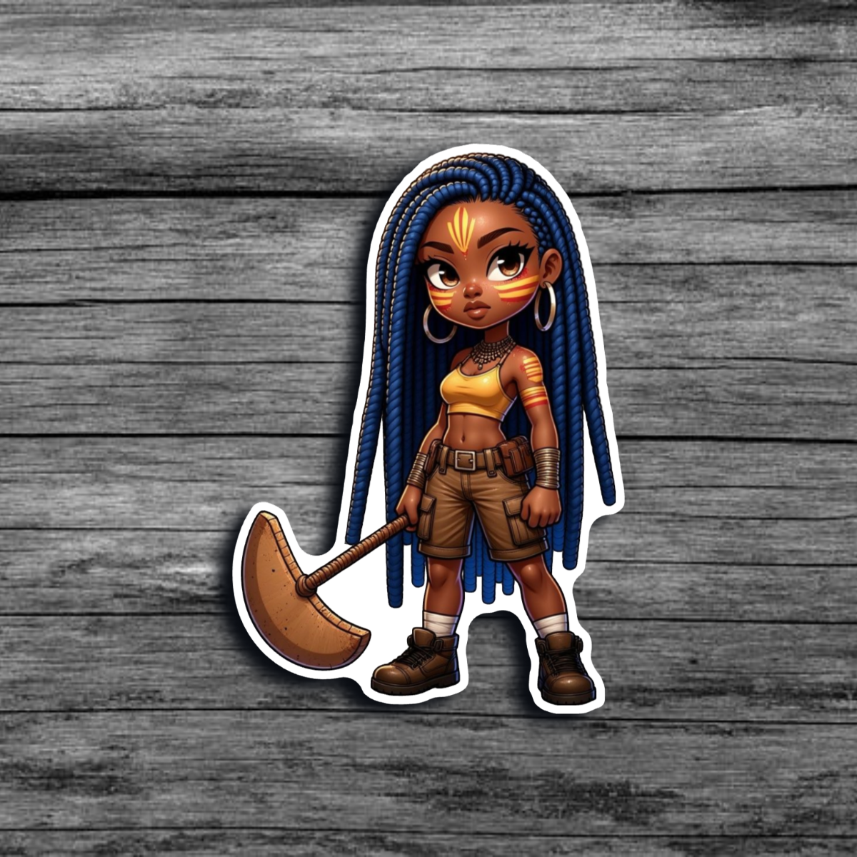 A sticker of a brown skinned woman with blue locs, yellow face and body paint, wearing cargo shorts, a yellwo top, and boots, holding a wooden sickle