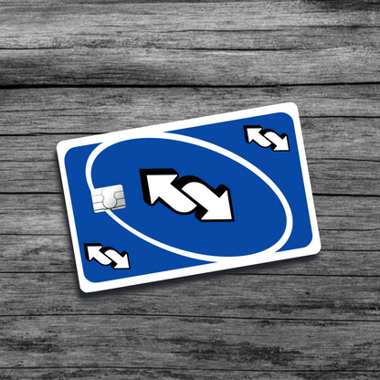 A credit card skin featuring the UNO reverse card: a bold design with the classic blue background and a prominent white arrow symbol.