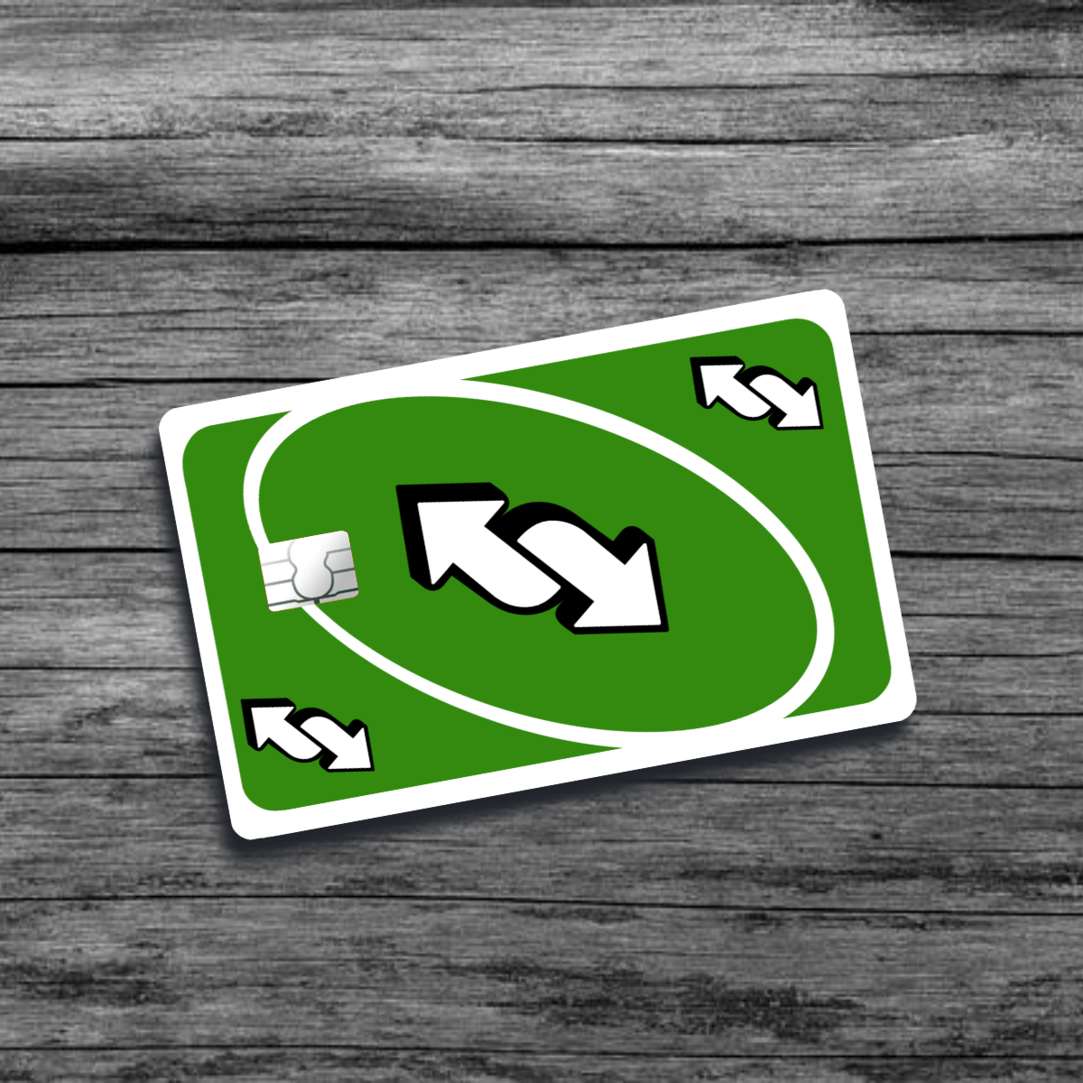 A credit card skin featuring the UNO reverse card: a bold design with the classic green background and a prominent white arrow symbol.