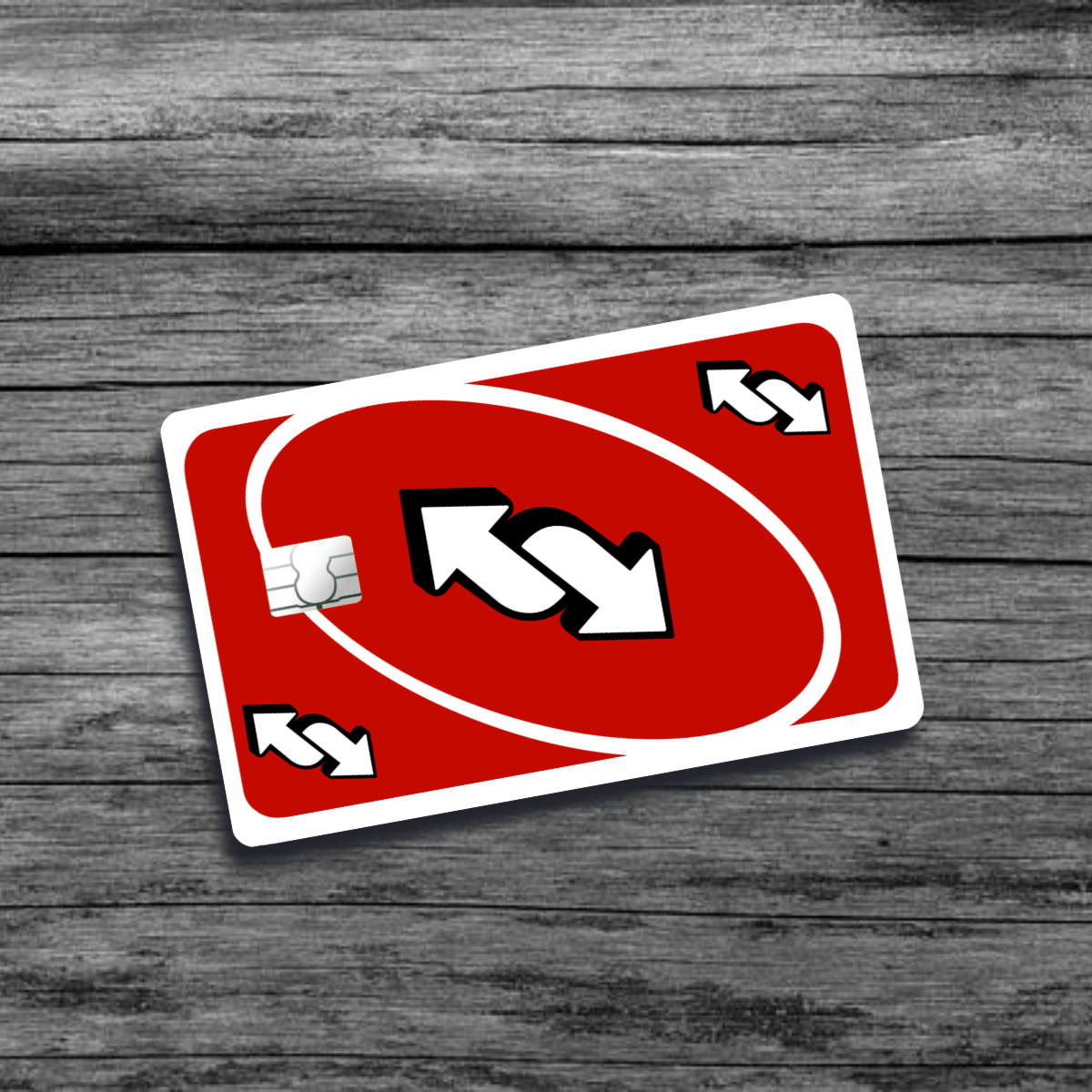 A credit card skin featuring the UNO reverse card: a bold design with the classic red background and a prominent white arrow symbol.