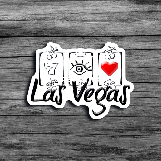 A sticker representing a Las Vegas slot machine, in black and white, with a red heart for one slot icon